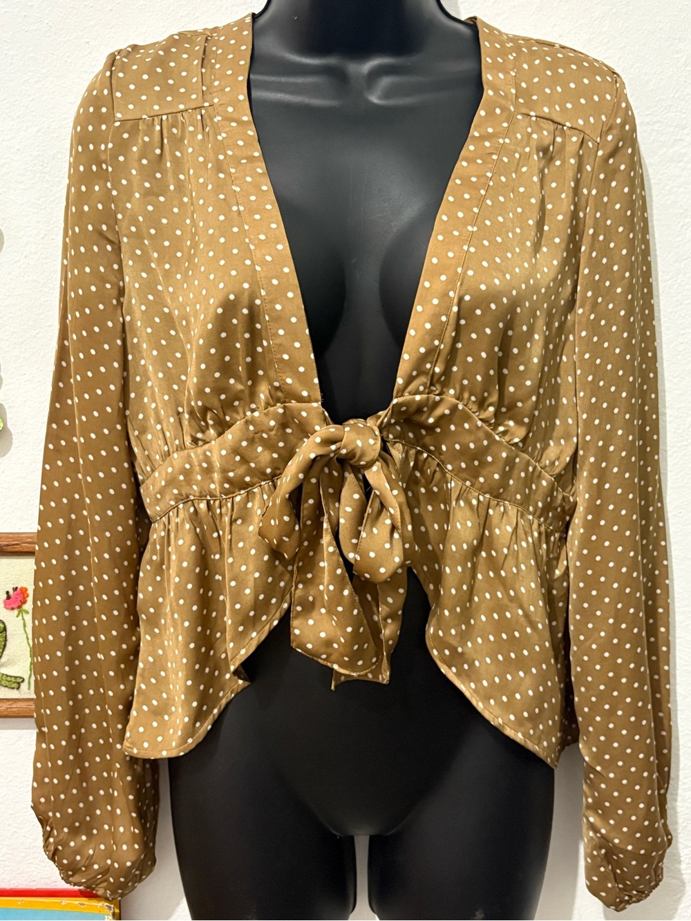 Women’s American Eagle Satin Brown Polka Dot Tie-Front Satin Blouse